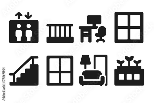 High-Rise Icon Set. High-Rise Interiors. Filled icon set of High-Rise Interiors: elevator, balcony, office