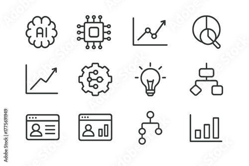 Predictive Design Icons. Predictive Design Elements. Line outline icon set of Predictive Design Elements: AI