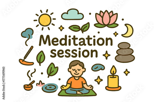 Meditation Doodle Art. Meditation session. Hand-drawn doodle illustration of Meditation session. person