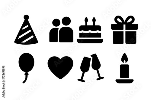 Celebration Icon Set. Celebrating Friends. Filled icon set of Celebrating Friends: party hat, group of people,