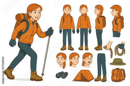 Mountain Hiker Character. Cartoon realistic vector illustration, Character constructor style, isolated
