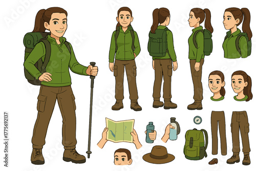 Hiker Character Constructor. Cartoon realistic vector illustration, Character constructor style, isolated