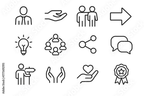 Leadership Icon Set. Leadership in action during corporate restructuring. Line outline icon set of Leadership