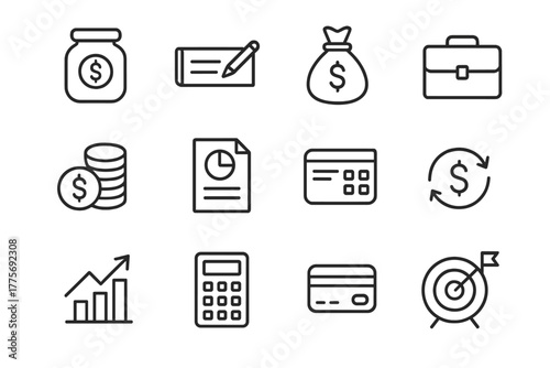 Financial Icons Grid. Financial planning. Line outline icon set of Financial planning: savings jar, checkbook,