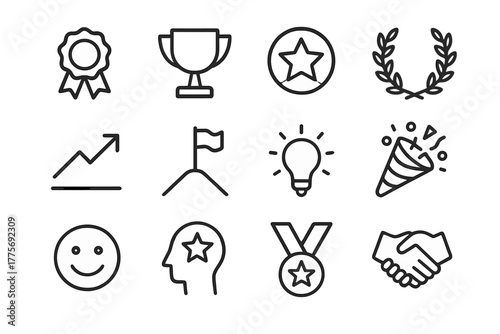 Financial Planning Icons. Financial planning. Line outline icon set of Financial planning: award ribbon,
