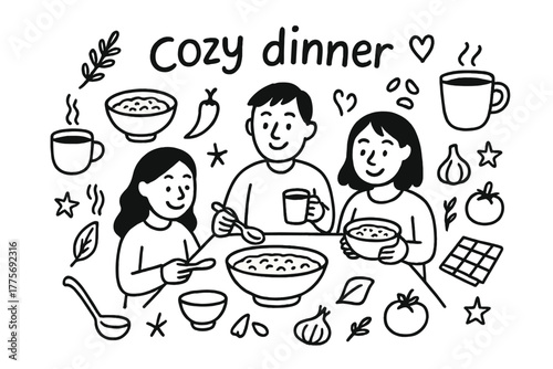 Cozy Dinner Doodles. Cozy dinner. Hand-drawn doodle illustration of Cozy dinner. In the middle, one slightly