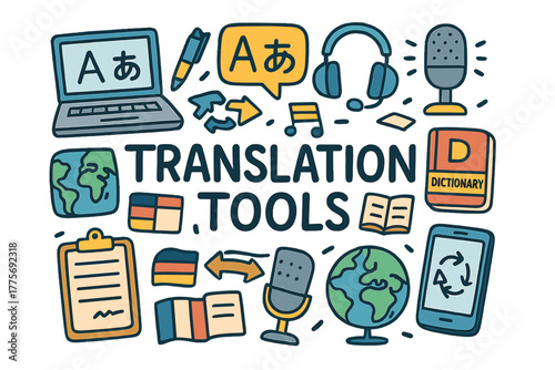 Translation Tools Doodle. Translation tools. Hand-drawn doodle illustration of Translation tools. laptop,