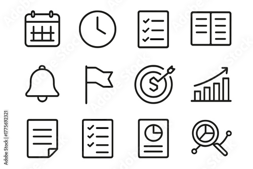 Financial Planning Icons. Financial planning. Line outline icon set of Financial planning: calendar, clock,