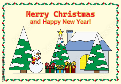 Felicitación de navidad y año nuevo con árbol de navidad, abetos, muñeco de nieve y casa