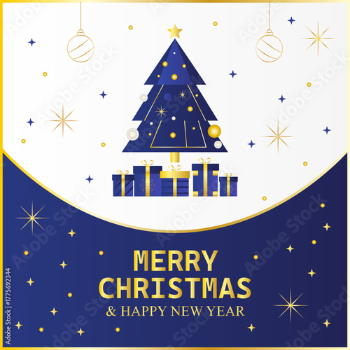Felicitación navideña con árbol de navidad azul y dorado 