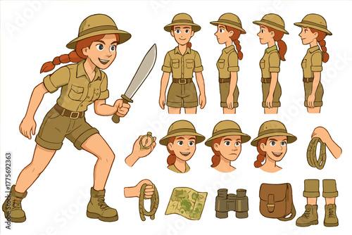 Jungle Explorer Character. Cartoon realistic vector illustration, Character constructor style, isolated