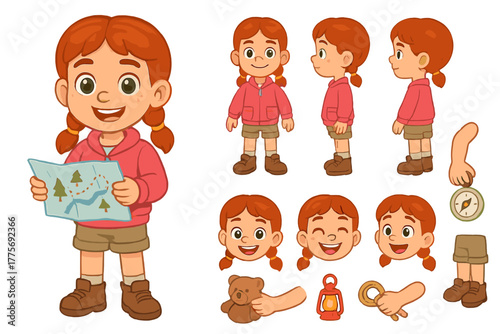 Adventurous Girl Character Set. Cartoon realistic vector illustration, Character constructor style, isolated