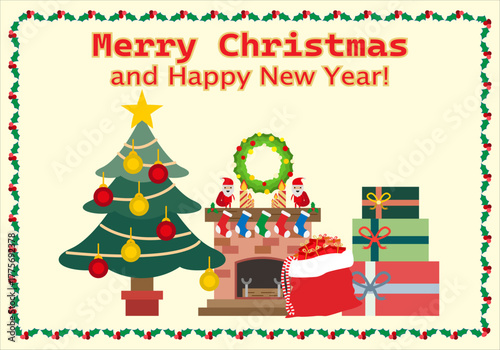 Felicitación de navidad con árbol de navidad, chimenea con ornamentación y regalos
