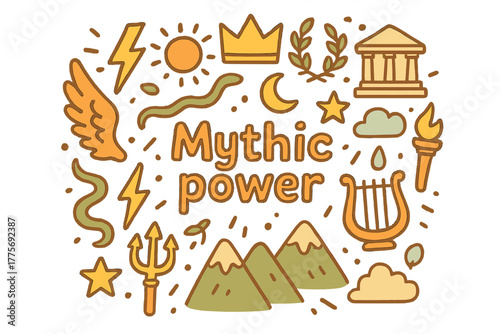 Mythic Power Doodle. Mythic power. Hand-drawn doodle illustration of Mythic power. lightning bolt, sun, moon,