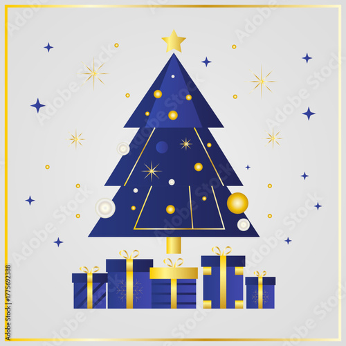 Árbol de navidad azul con decoración dorada de navidad