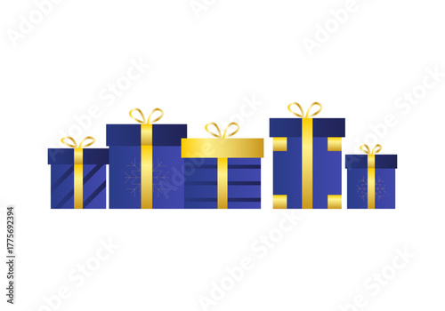 Regalos azul y dorados en fondo blanco