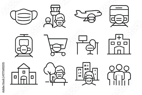 Protective Mask Icons. Protective face mask. Line outline icon set of Protective face mask: airport icon,