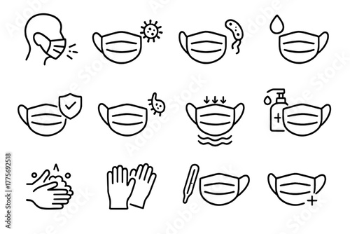 Protective Icons Set. Protective face mask. Line outline icon set of Protective face mask: cough icon, virus