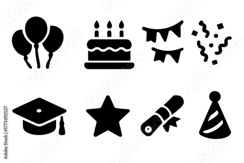 Graduation Party Icons. Graduation Party. Filled icon set of Graduation Party: balloons, cake, banner,