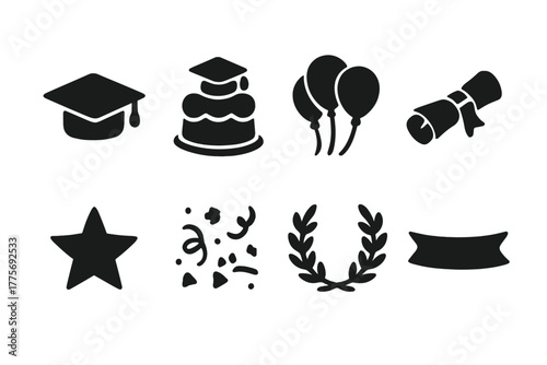 Graduate Icon Set. Graduate Celebration. Filled icon set of Graduate Celebration: graduation cap, cake,