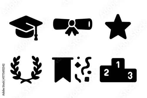 Academic Success Icons. Academic Success. Filled icon set of Academic Success: graduation cap, diploma scroll,