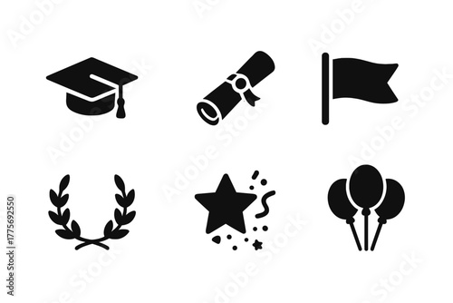School Spirit Icons. School Spirit. Filled icon set of School Spirit: graduation cap, diploma scroll, flag,