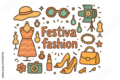 Festival Fashion Doodles. Festival fashion. Hand-drawn doodle illustration of Festival fashion. dress, hat,