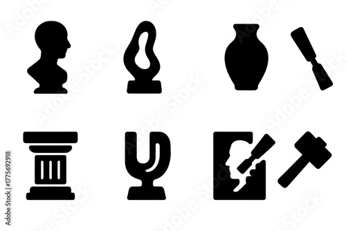 Sculpture Art Icons. Sculpture Art. Filled icon set of Sculpture Art: bust, abstract statue, clay pot, chisel,