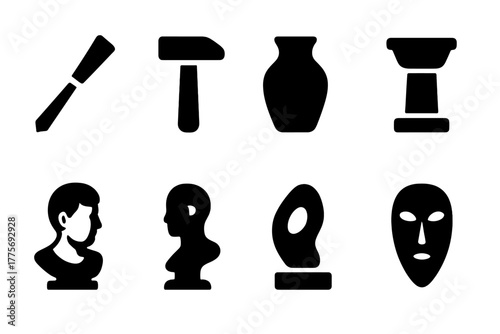Sculpting Tools Icons. Sculpting Tools. Filled icon set of Sculpting Tools: chisel, hammer tool, clay pot,