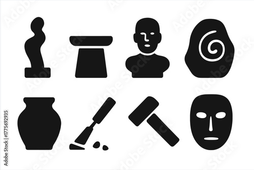 Modern Sculpture Icon Set. Modern Sculpture. Filled icon set of Modern Sculpture: abstract statue, pedestal,