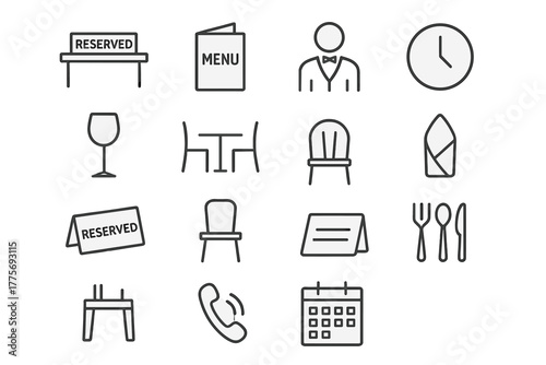 Table Reservation Icons. Table reservation sign. Line outline icon set of table reservation: reserved table,