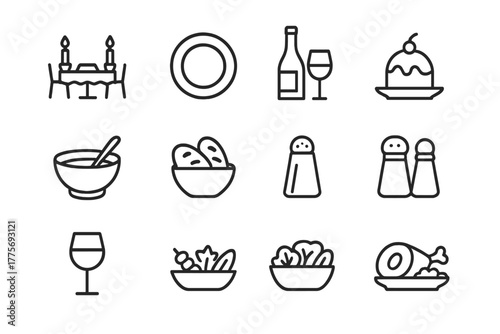 Elegant Dining Icons. Dining experience. Line outline icon set of dining experience: candlelight dinner, plate