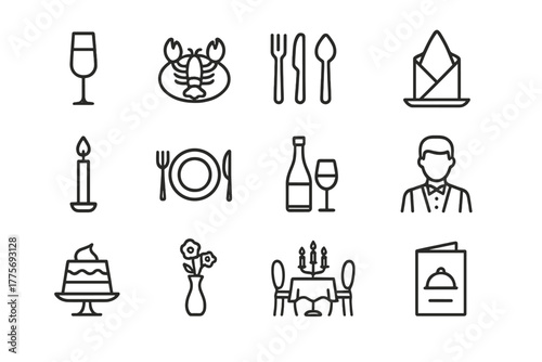 Fine Dining Icons. Fine dining. Line outline icon set of fine dining: champagne glass, lobster dish,