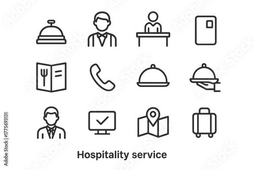 Hospitality Icons Set. Hospitality service. Line outline icon set of hospitality service: hotel bell, waiter,