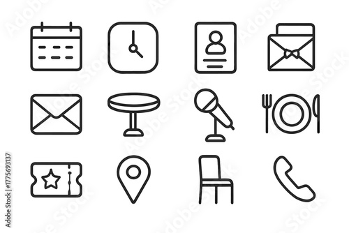 Event Booking Icons. Event booking. Line outline icon set of event booking: calendar, clock, guest list,