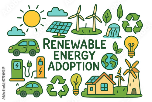 Renewable Energy Doodles. Renewable Energy Adoption. Hand-drawn doodle illustration of renewable energy
