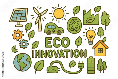 Eco Innovation Elements. Eco Innovation. Hand-drawn doodle illustration of eco innovation. Solar panel, wind