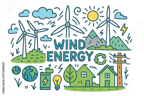 Doodle Wind Energy. Wind Energy. Hand-drawn doodle illustration of wind energy. Wind turbines, clouds,