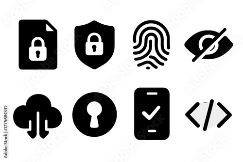 Digital Rights Icons. Digital rights. Filled icon set of digital rights: document with lock, privacy shield,