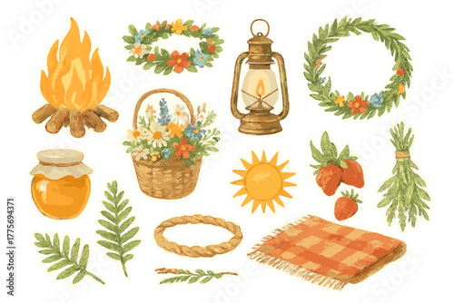 Summer Solstice Stickers. Summer solstice celebration and decor ideas. Realistic hand-painted watercolor style