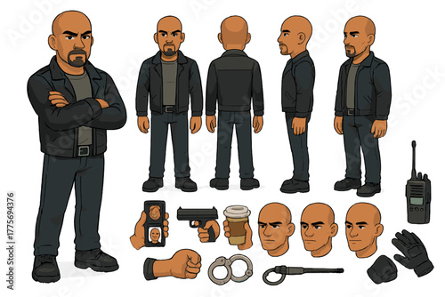 Detective Character Builder. Cartoon realistic vector illustration, Character constructor style, isolated