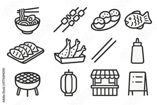 Japanese Street Food Icons. Street food Japan. Line outline icon set of street food Japan: ramen bowl,