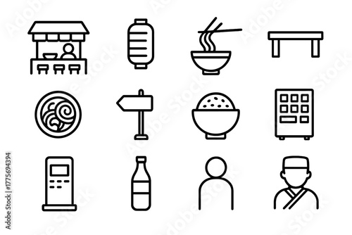 Japanese Street Dining Icons. Japanese street dining. Line outline icon set of Japanese street dining: ramen