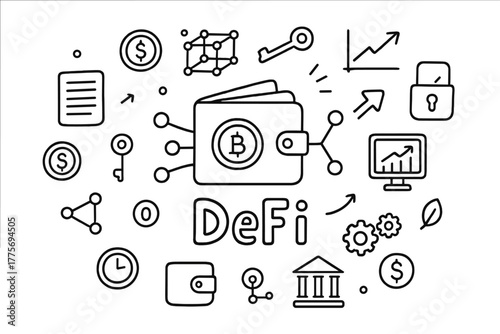 Decentralized Finance Doodles. Decentralized finance. Hand-drawn doodle illustration of decentralized finance.