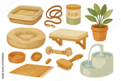 Urban Pet Essentials Stickers. Urban apartment pet essentials. Realistic hand-painted watercolor style sticker