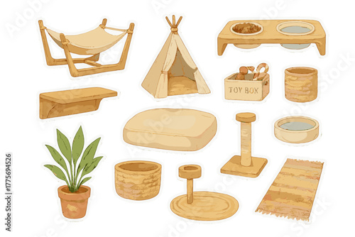 Compact Pet Furniture Stickers. Compact pet furniture ideas. Realistic hand-painted watercolor style sticker