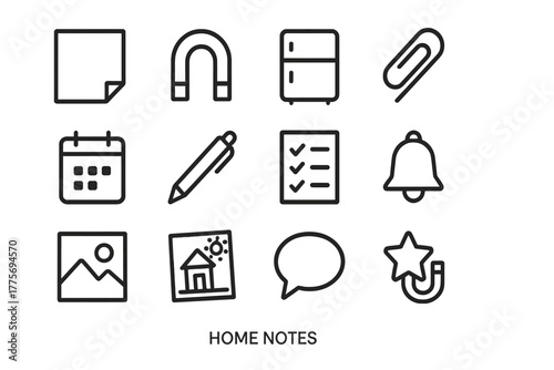 Home Notes Icon Set. Home notes. Line outline icon set of home notes: sticky note, magnet, fridge, paper clip,