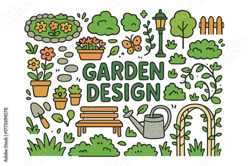 Whimsical Garden Doodles. Garden Design. Hand-drawn doodle illustration of garden design. Flower beds, path