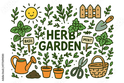 Doodle Herb Garden. Herb Garden. Hand-drawn doodle illustration of herb garden. Basil, rosemary, mint, thyme,