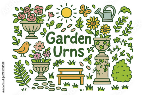 Garden Urns Illustration. Garden Urns. Hand-drawn doodle illustration of garden urns. Decorative urns,